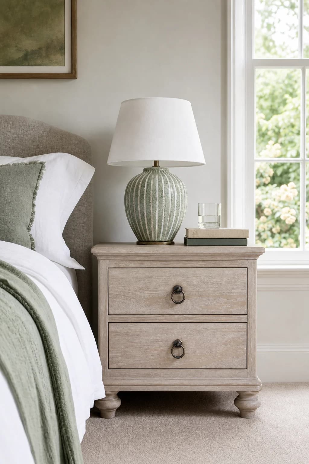 Oak bedside table with a sage striped ceramic lamp in a bright bedroom