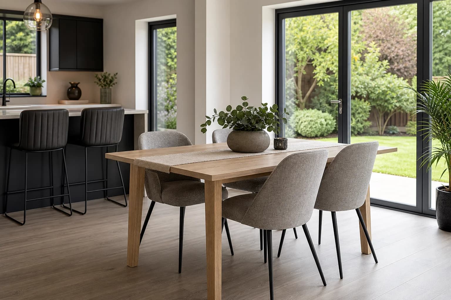 Bright dining room with upholstered dining chairs and bar stools at a kitchen island, looking out to the garden
